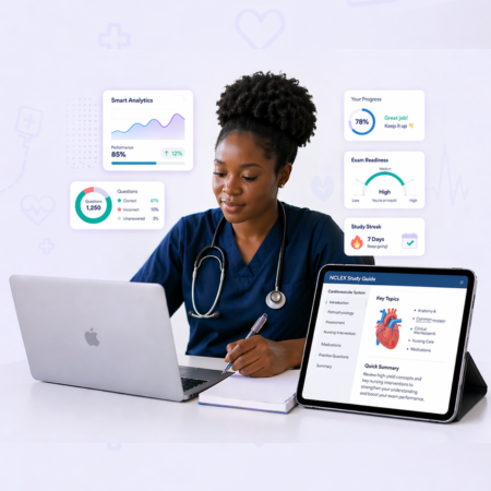 Keslaly nursing exam prep platform showing practice test interface on desktop and mobile