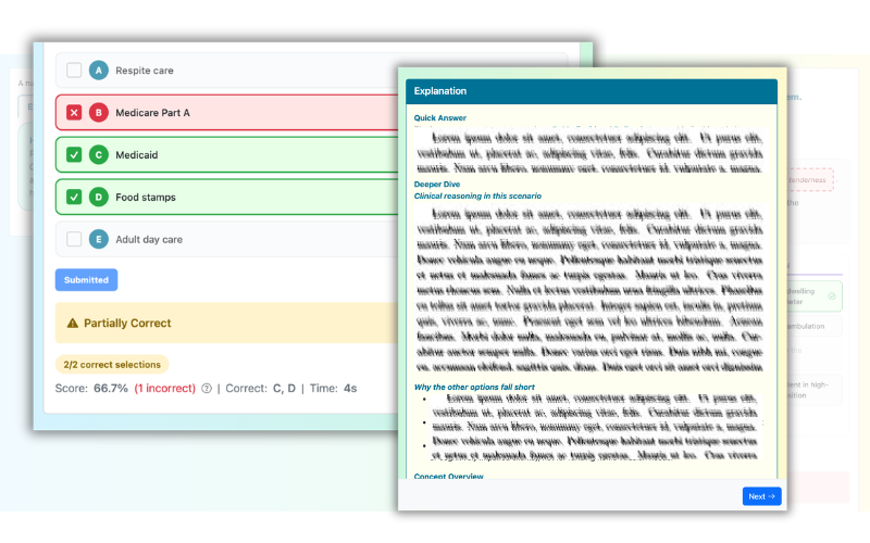 Answer review page showing question with explanation and correct answer highlighted