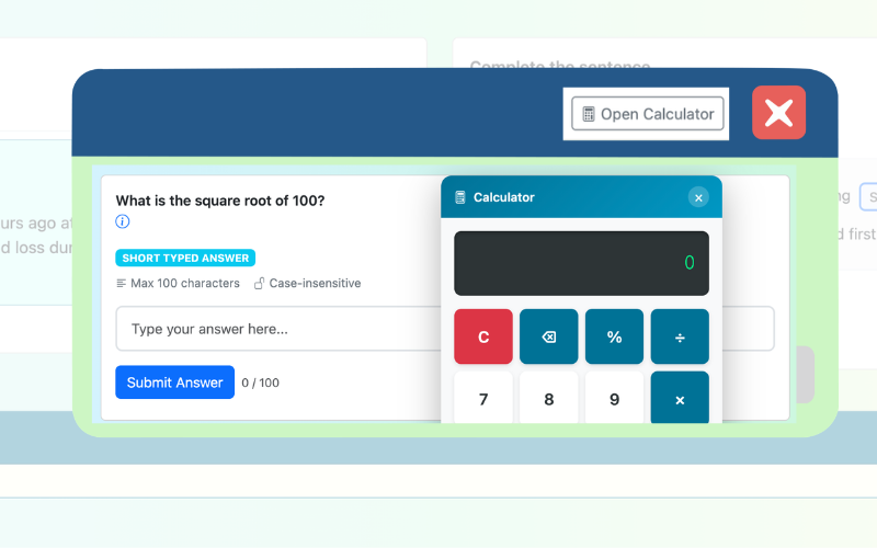 Draggable popup calculator positioned on screen during a mock exam