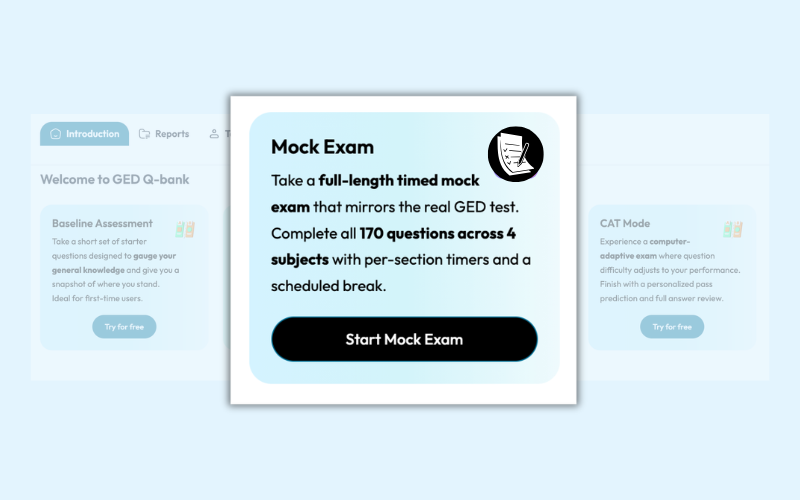 GED mock exam interface showing section timer and exam structure