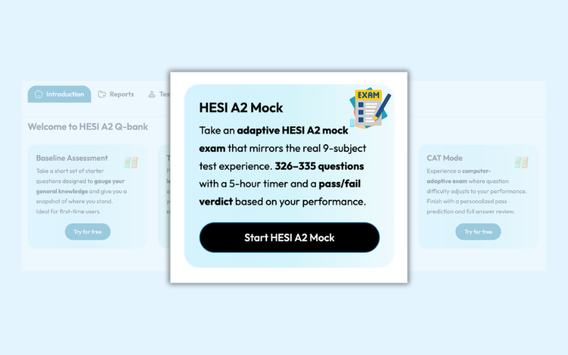 HESI A2 mock exam interface showing section structure and timer