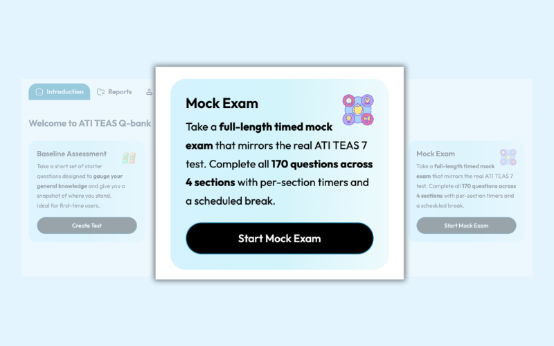 TEAS 7 mock exam interface showing section timer and question layout