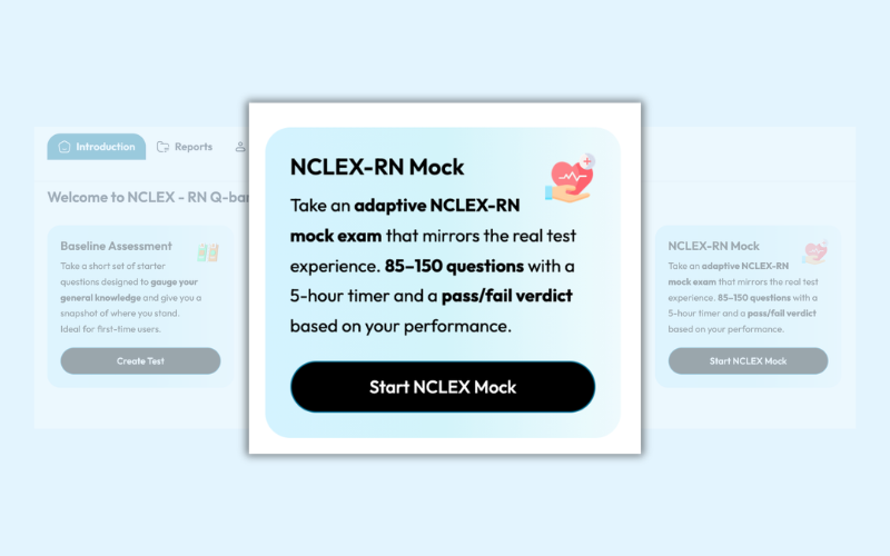 NCLEX mock exam showing adaptive scoring and pass/fail progress indicator