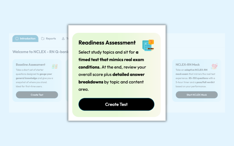 Readiness assessment with topic selection and timed exam interface