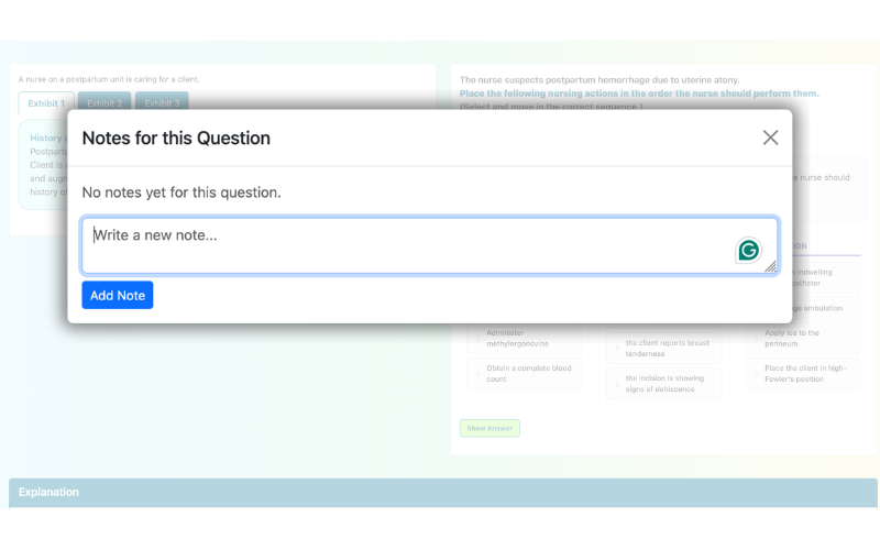 Note creation interface linked to a specific practice question
