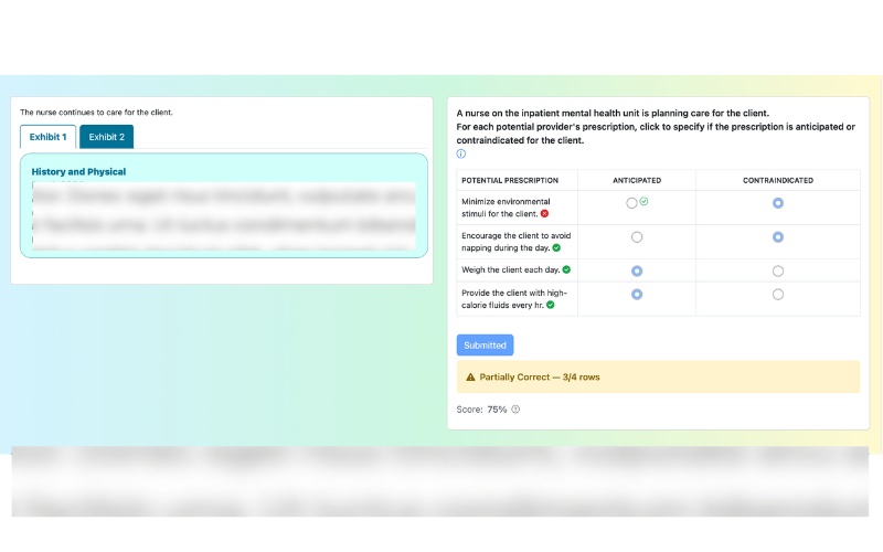 Partial credit scoring showing color-coded correct and incorrect selections