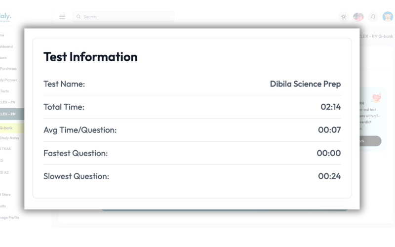 Time analytics showing average time per question and session history list