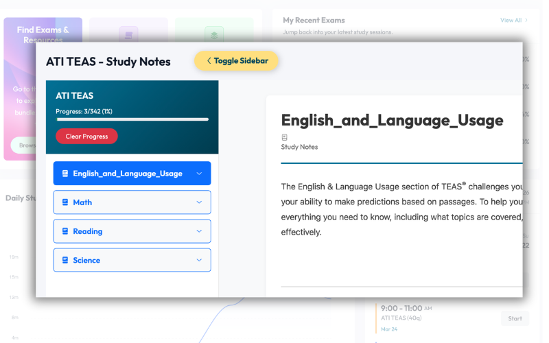 Study notes sidebar with collapsible topic tree navigation