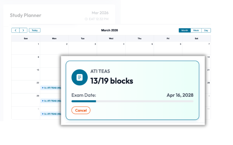 Interactive calendar view showing study blocks in weekly layout