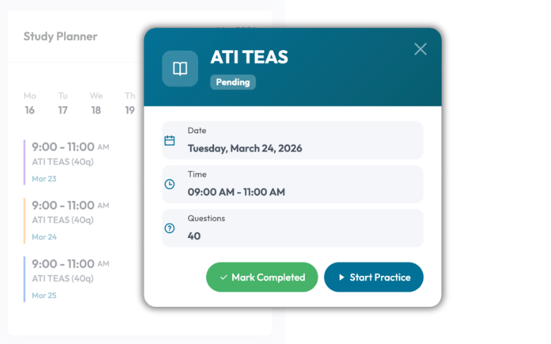 Study block detail modal with start practice button and progress indicator