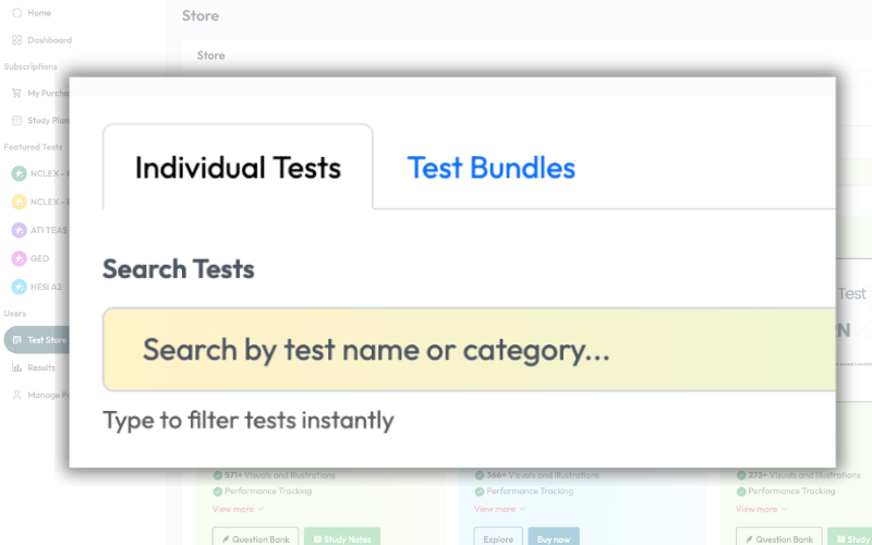 Test store catalog showing exam categories and search functionality